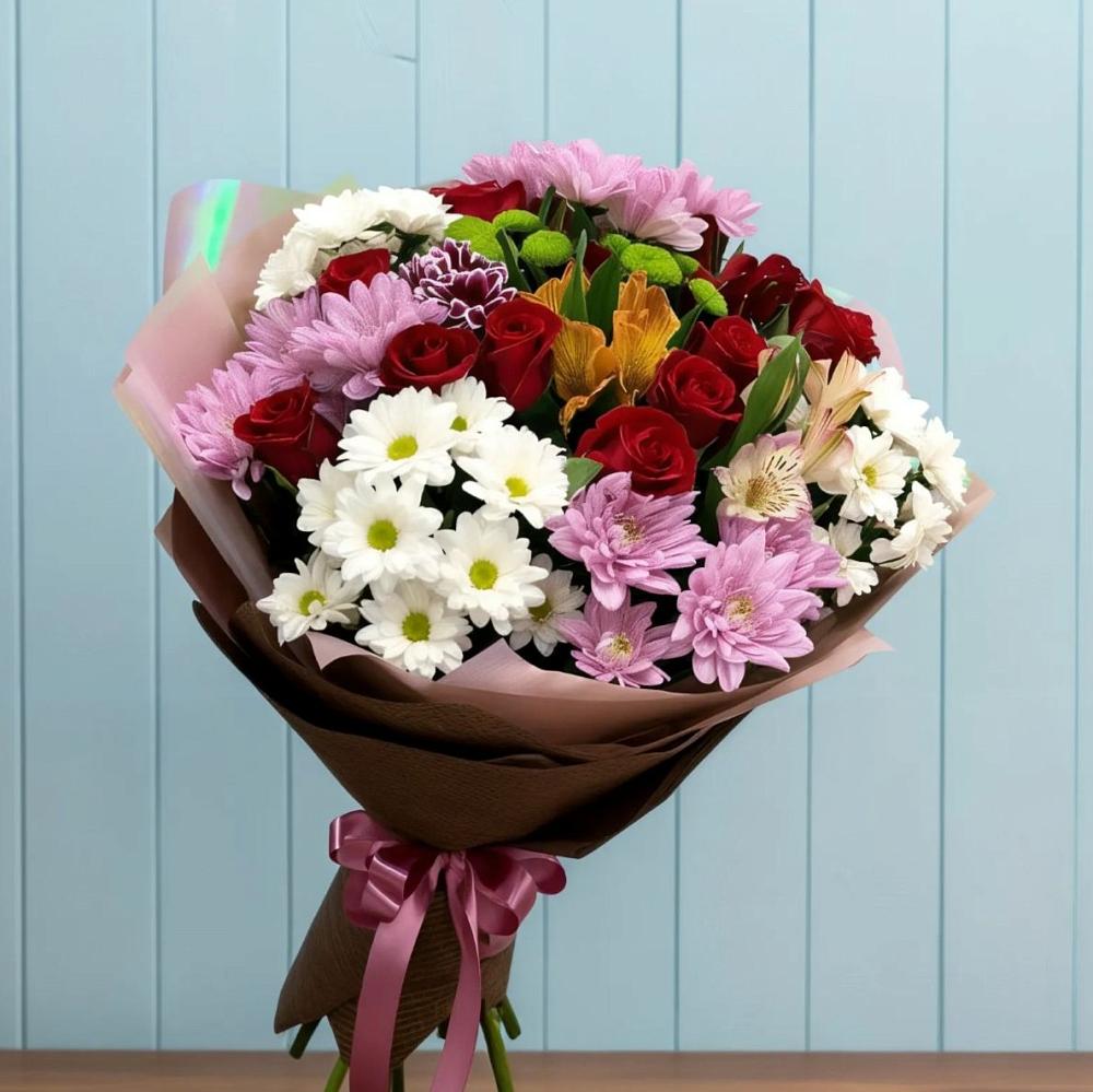Букет цветов из: Розы, Хризантемы и Альстромерии в Нестерово